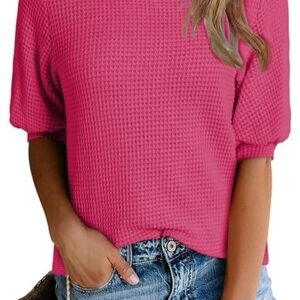 Fuchsia‎ Pink Waffle Knit Top Shortsleeve Lantern Sleeve Large NWT New Dokotoo